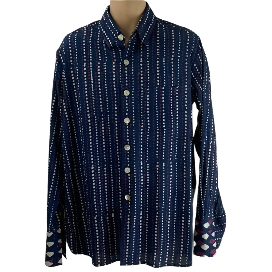 Shirting for Men - 13 Bagru Indigo White and Magenta dots