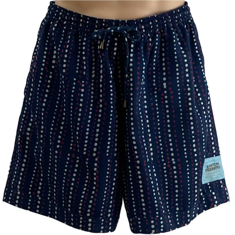Men's Sporting Swimming Shorts - 13 Bagru Indigo and Magenta Dots