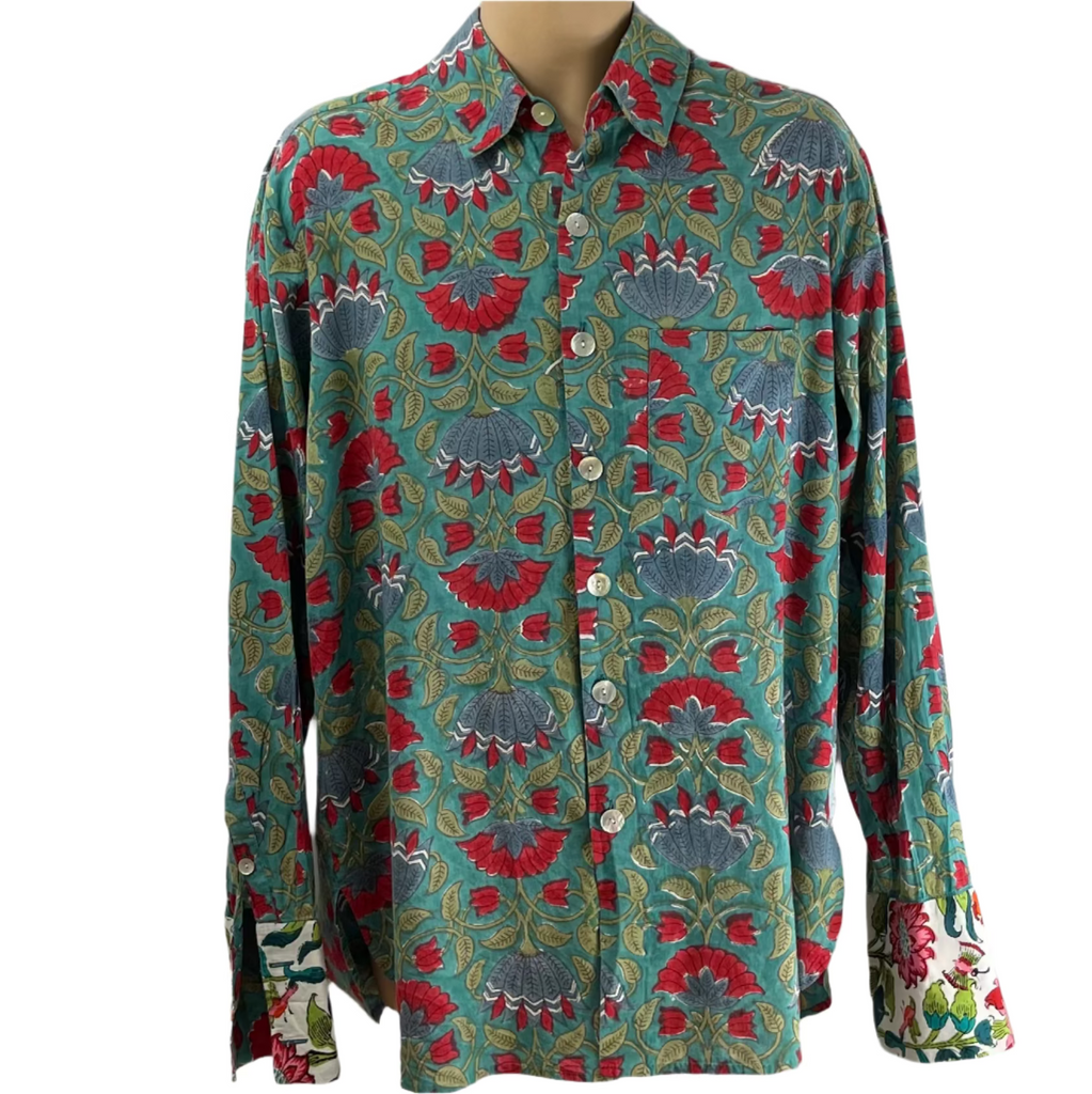 Shirting for Men -11 Ruby Hibiscus on teal 2022 End of Line