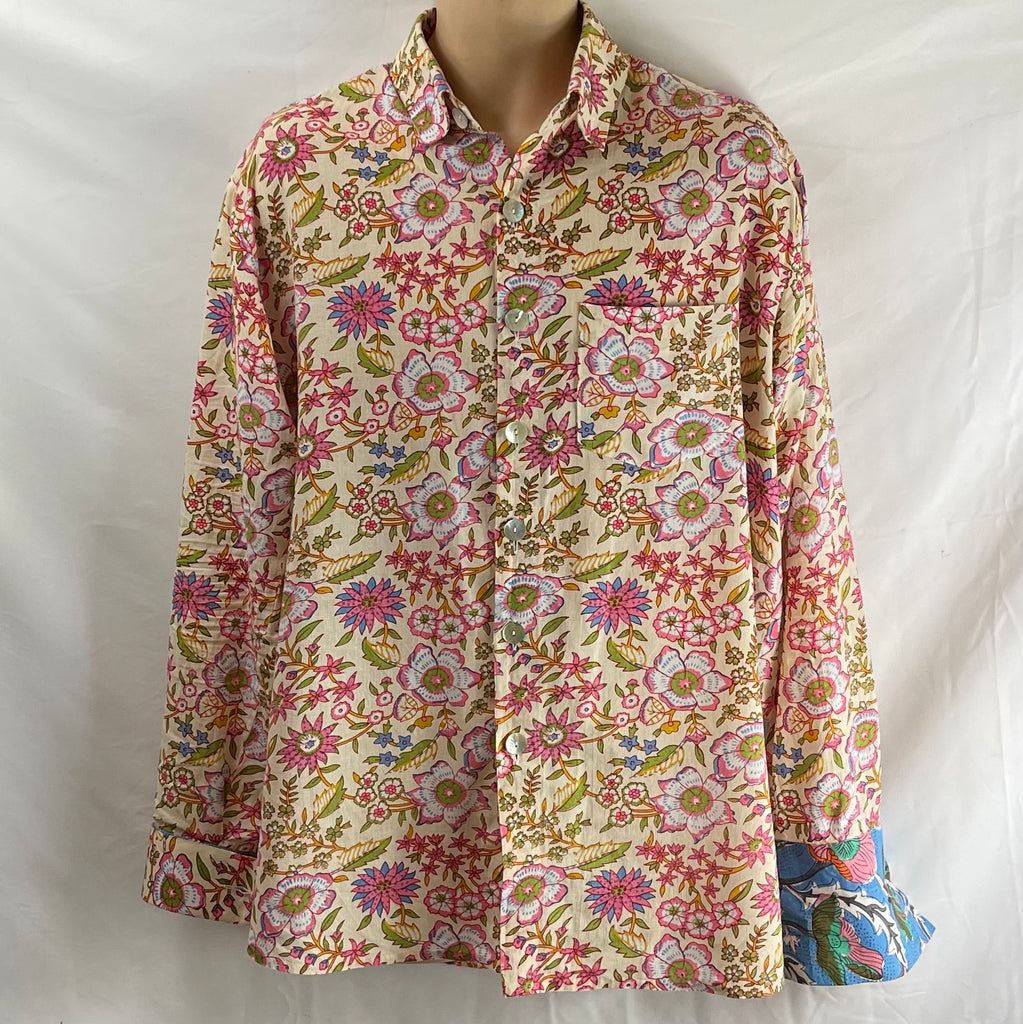 Shirting for Men -5 Pink green Peony on cream 2022 - End of Line