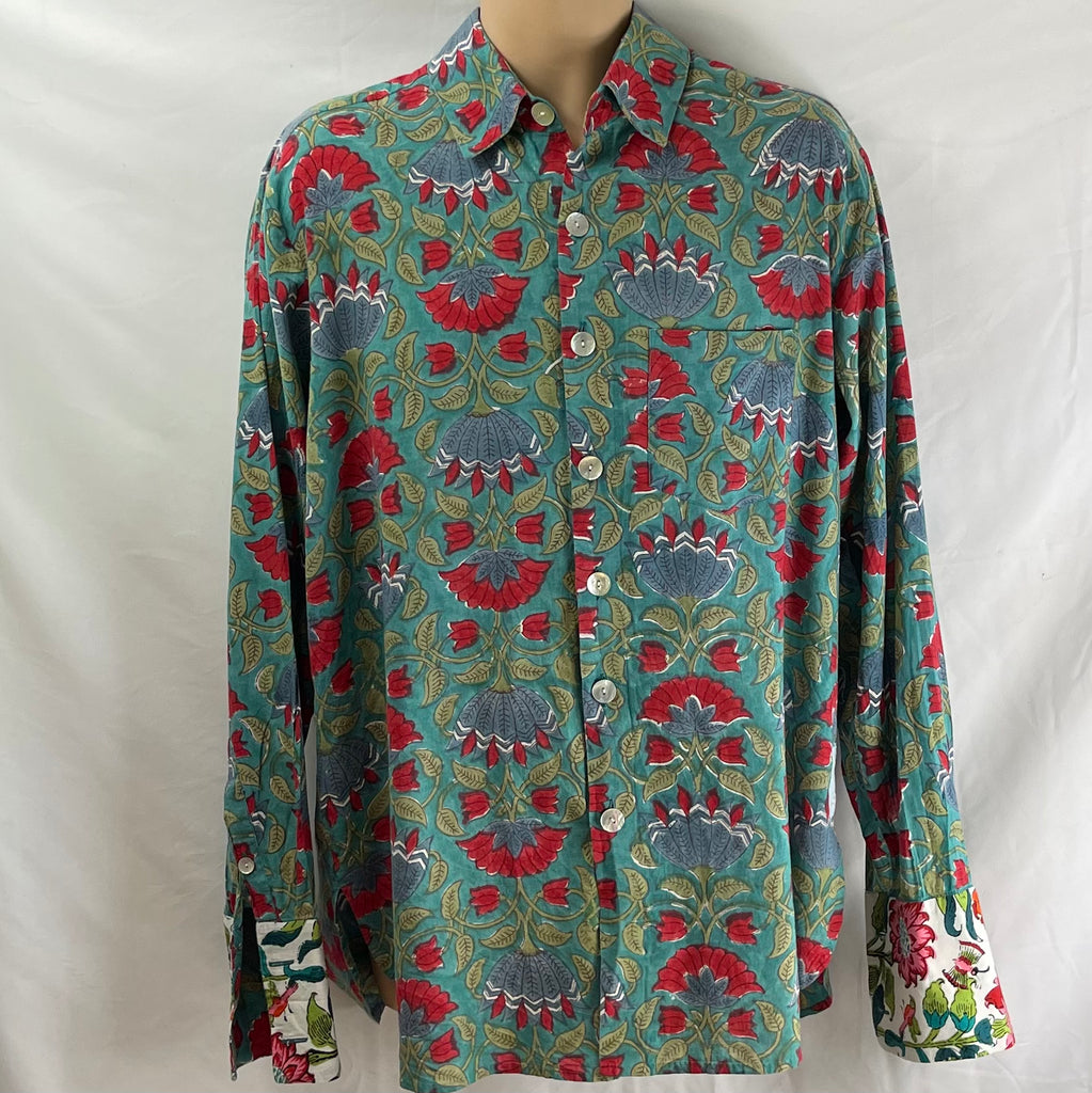 Shirting for Men -11 Ruby Hibiscus on teal 2022