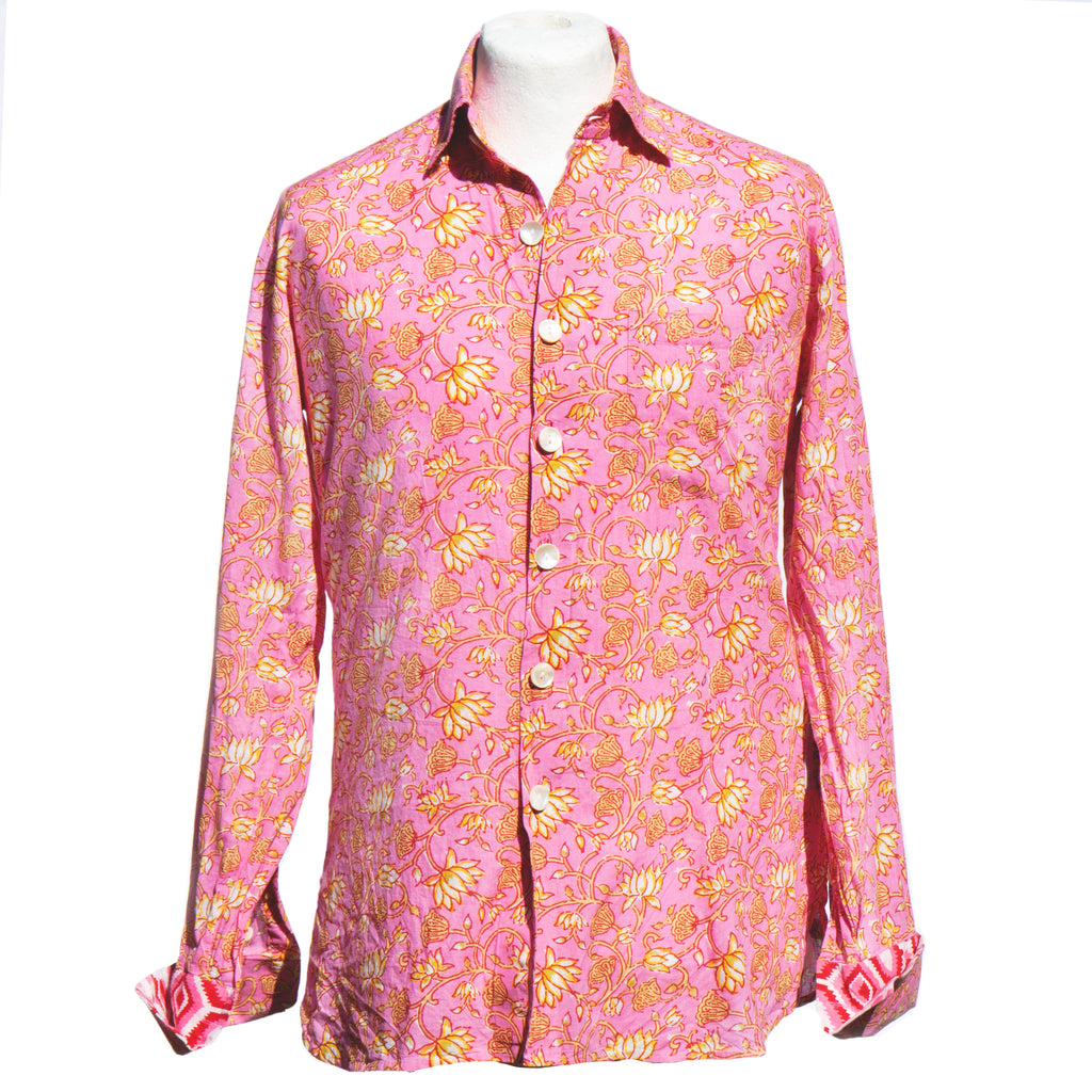 Shirting for Men -7 Mustard yellow lotus flowers  on pink 2020 End of Line