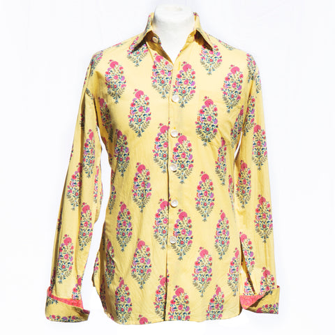 Shirting for Men -6 Cuban floral magenta and green flowers on Yellow 2020