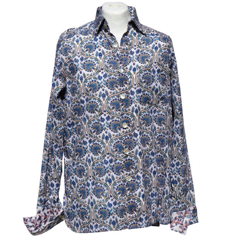 Shirting For Men - J62 Blue with cyan and green  Flowers on white background